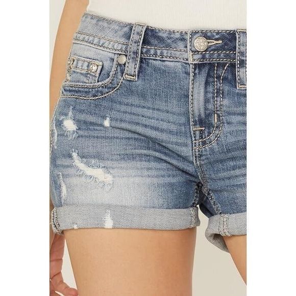 Miss Me Women Sz 28 Blue Embroidered Dreamcatcher Light Wash Mid-Rise Shorts - Picture 1 of 9